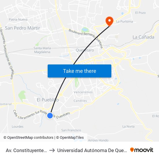 Av. Constituyentes, Plaza Citadina to Universidad Autónoma De Querétaro Campus Aeropuerto map