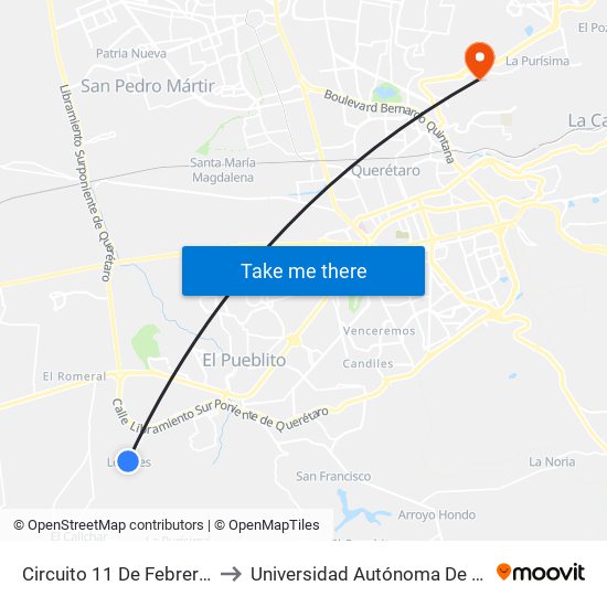 Circuito 11 De Febrero Y Calzada Los Angeles to Universidad Autónoma De Querétaro Campus Aeropuerto map