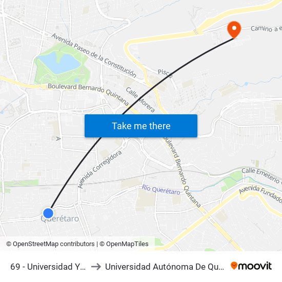 69 - Universidad Y Priv. Rafael Osuna to Universidad Autónoma De Querétaro Campus Aeropuerto map