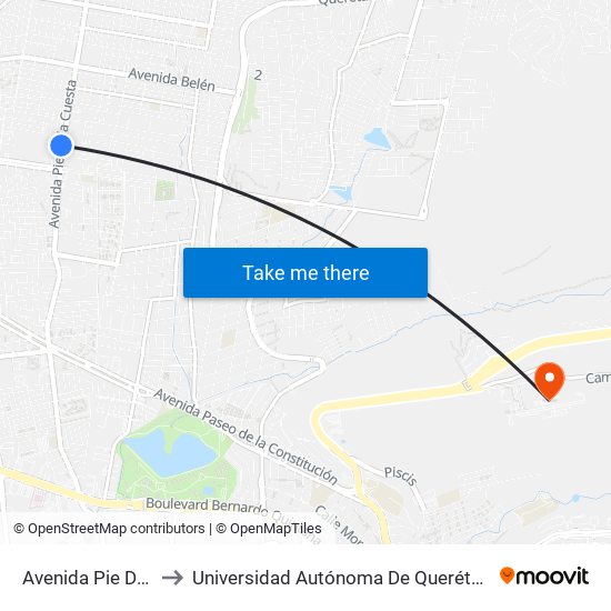 Avenida Pie De La Cuesta to Universidad Autónoma De Querétaro Campus Aeropuerto map