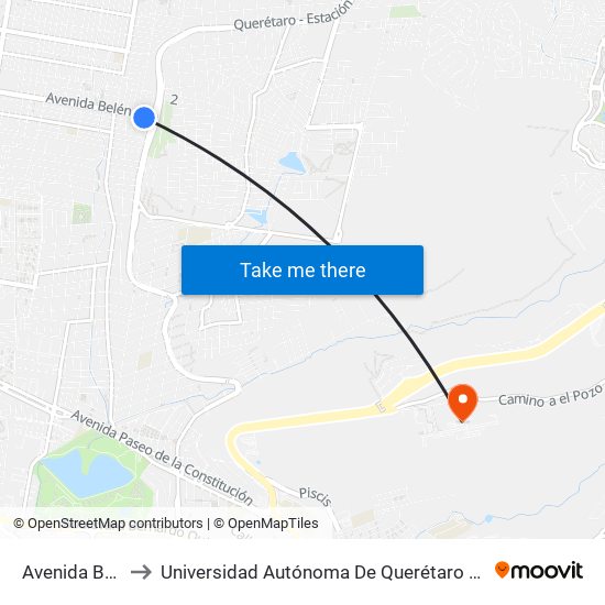 Avenida Belén, 45 to Universidad Autónoma De Querétaro Campus Aeropuerto map