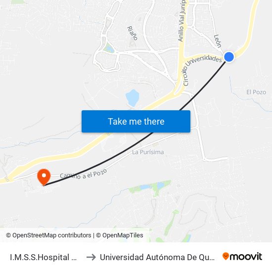 I.M.S.S.Hospital General Regional 2 to Universidad Autónoma De Querétaro Campus Aeropuerto map