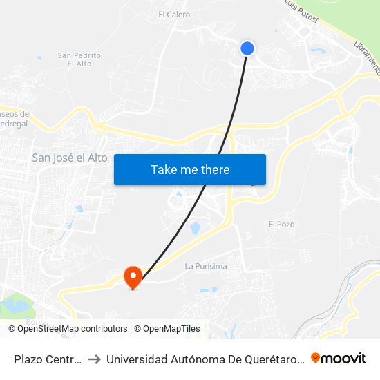 Plazo Centro  Zibata to Universidad Autónoma De Querétaro Campus Aeropuerto map