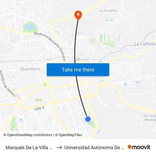 Marqués De La Villa Del Villar Del Aguila, 2001 to Universidad Autónoma De Querétaro Campus Aeropuerto map
