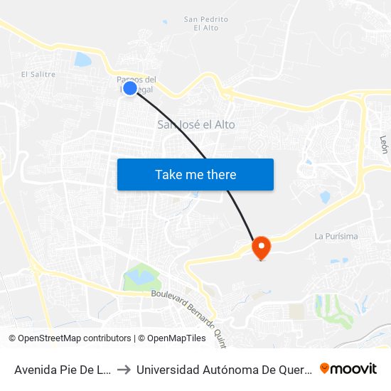 Avenida Pie De La Cuesta, 3141 to Universidad Autónoma De Querétaro Campus Aeropuerto map