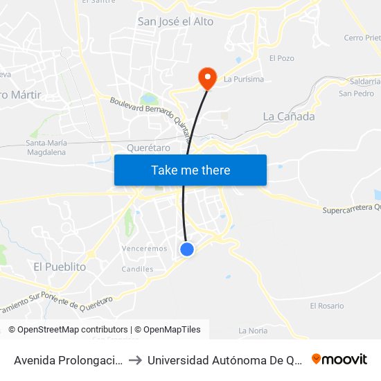 Avenida Prolongación Pasteur Sur, Lt13 to Universidad Autónoma De Querétaro Campus Aeropuerto map