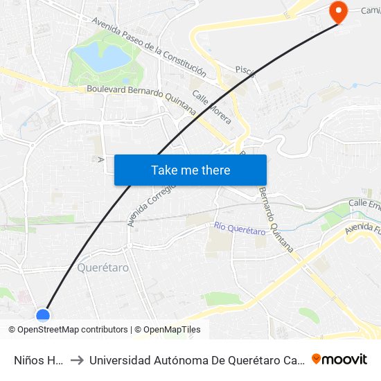 Niños Héroes to Universidad Autónoma De Querétaro Campus Aeropuerto map