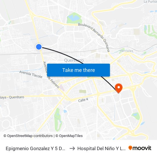 Epigmenio Gonzalez Y 5 De Febrero to Hospital Del Niño Y La Mujer map