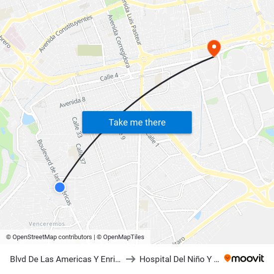 Blvd De Las Americas Y Enrique Bordes to Hospital Del Niño Y La Mujer map