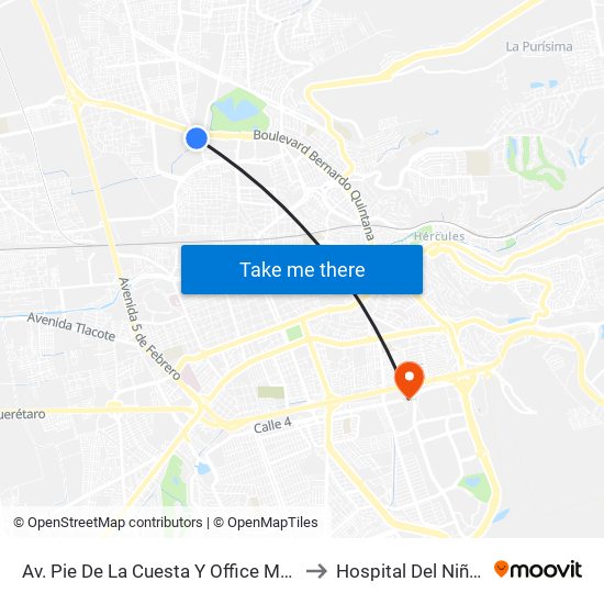Av. Pie De La Cuesta Y Office Max Bernardo Quintana to Hospital Del Niño Y La Mujer map
