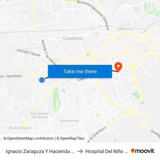 Ignacio Zaragoza Y Hacienda Chichimequillas to Hospital Del Niño Y La Mujer map