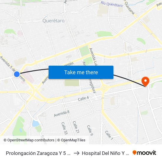 Prolongación Zaragoza Y 5 De Febrero to Hospital Del Niño Y La Mujer map