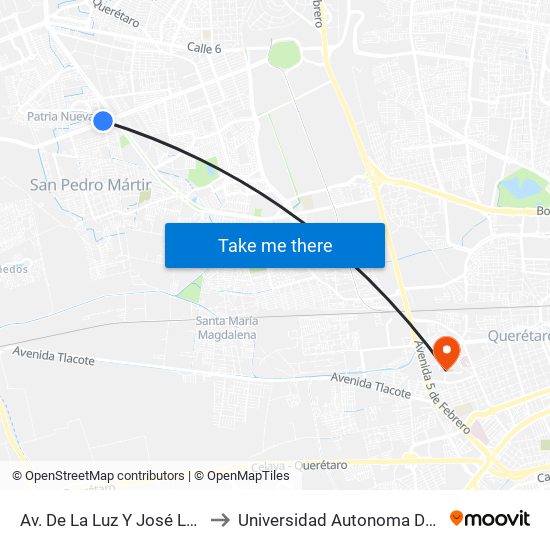 Av. De La Luz Y José Luis Cuevas to Universidad Autonoma De Querétaro map