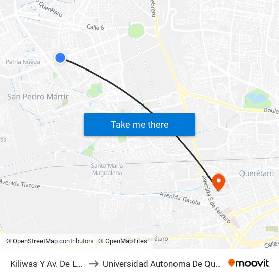 Kiliwas Y Av. De La Luz to Universidad Autonoma De Querétaro map