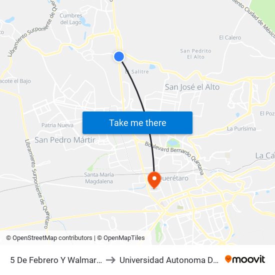 5 De Febrero Y Walmart Juriquilla to Universidad Autonoma De Querétaro map