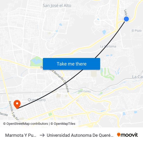 Marmota Y Puma to Universidad Autonoma De Querétaro map