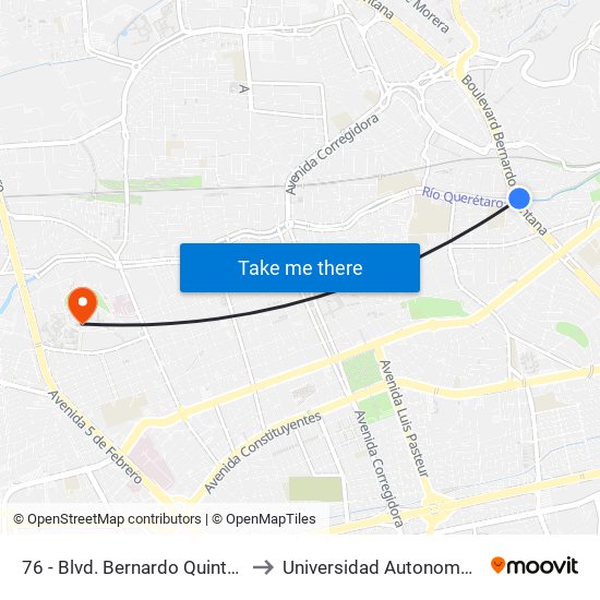 76 - Blvd. Bernardo Quintana Y Av Del Río to Universidad Autonoma De Querétaro map