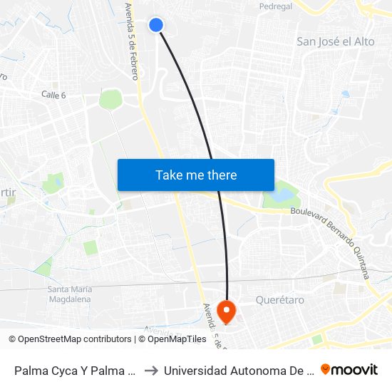 Palma Cyca Y Palma Cocotera to Universidad Autonoma De Querétaro map