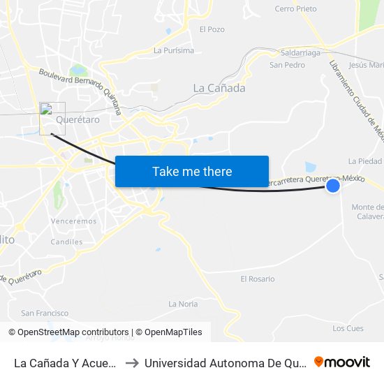 La Cañada Y Acueducto to Universidad Autonoma De Querétaro map