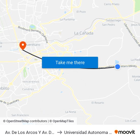 Av. De Los Arcos Y Av. De Las Fuentes to Universidad Autonoma De Querétaro map
