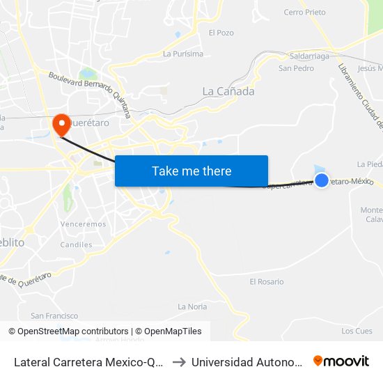 Lateral Carretera Mexico-Queretaro Y El Carmen to Universidad Autonoma De Querétaro map