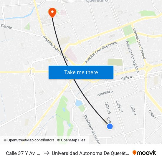 Calle 37 Y Av. 30 to Universidad Autonoma De Querétaro map