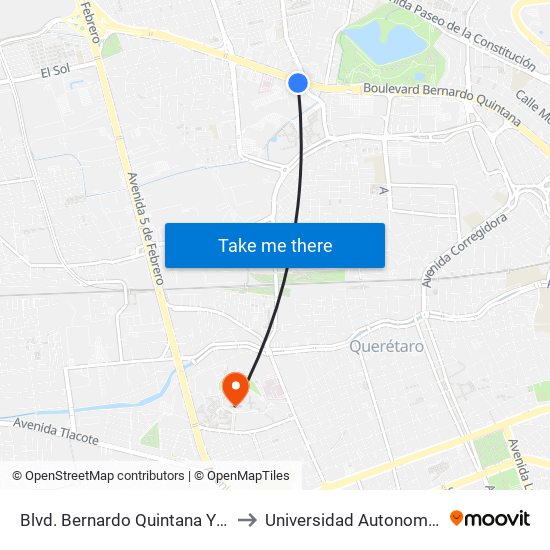 Blvd. Bernardo Quintana Y Pie De La Cuesta to Universidad Autonoma De Querétaro map