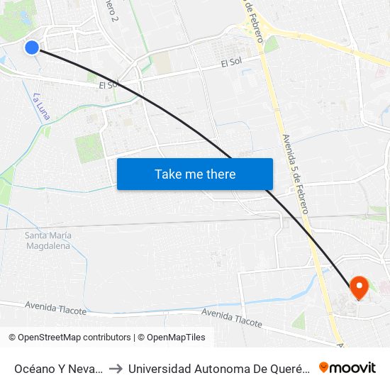 Océano Y Nevada to Universidad Autonoma De Querétaro map