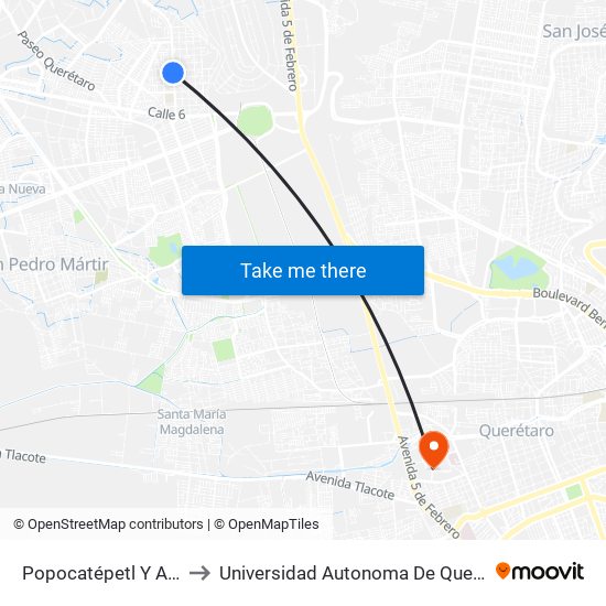 Popocatépetl Y Alpes to Universidad Autonoma De Querétaro map