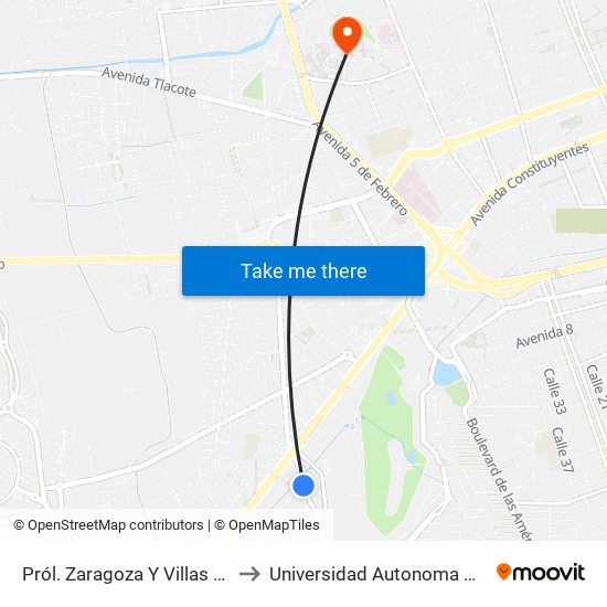 Pról. Zaragoza Y Villas Corregidora to Universidad Autonoma De Querétaro map