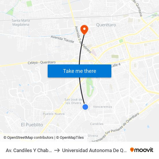 Av. Candiles Y Chabacano to Universidad Autonoma De Querétaro map