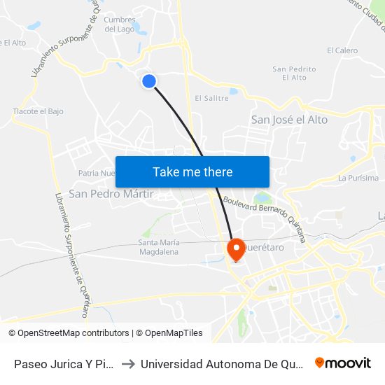 Paseo Jurica Y Pirules to Universidad Autonoma De Querétaro map