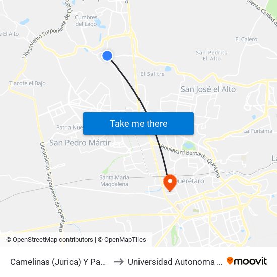 Camelinas (Jurica) Y Paseo Del Mesón to Universidad Autonoma De Querétaro map