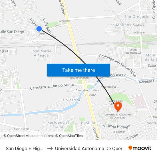 San Diego E Higuera to Universidad Autonoma De Querétaro map