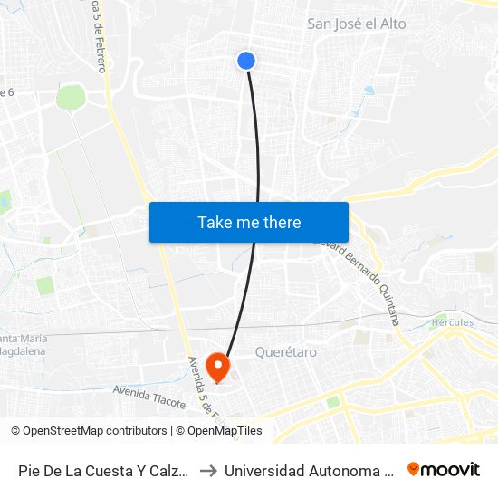 Pie De La Cuesta Y Calzada De Belen to Universidad Autonoma De Querétaro map