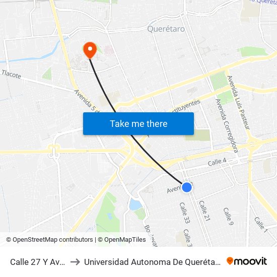 Calle 27 Y Av 8 to Universidad Autonoma De Querétaro map