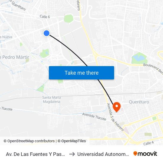 Av. De Las Fuentes Y Paseo De Las Peñas to Universidad Autonoma De Querétaro map