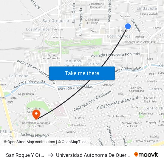 San Roque Y Otoño to Universidad Autonoma De Querétaro map