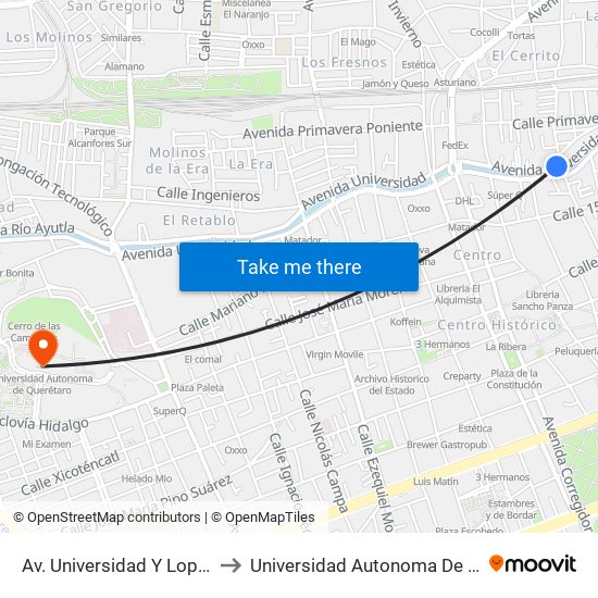 Av. Universidad Y Lopez Rayon to Universidad Autonoma De Querétaro map