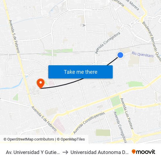 Av. Universidad Y Gutierrez Najera to Universidad Autonoma De Querétaro map