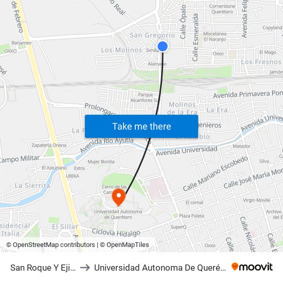 San Roque Y Ejido to Universidad Autonoma De Querétaro map