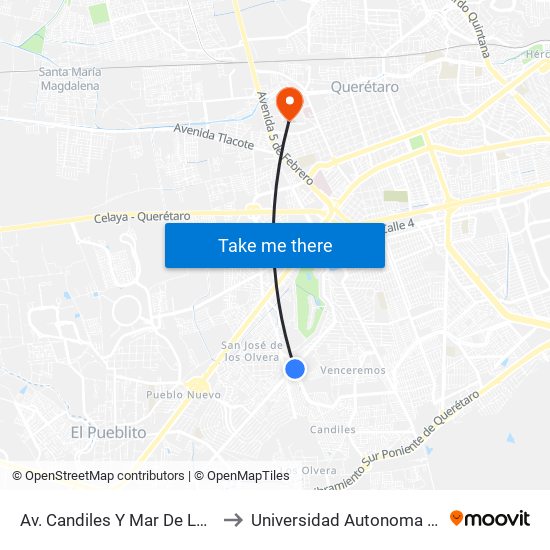 Av. Candiles Y Mar De La Tranquilidad to Universidad Autonoma De Querétaro map