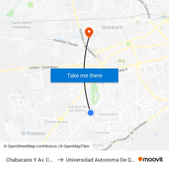 Chabacano Y Av. Candiles to Universidad Autonoma De Querétaro map
