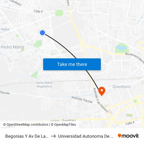 Begonias Y Av De La Fuente to Universidad Autonoma De Querétaro map