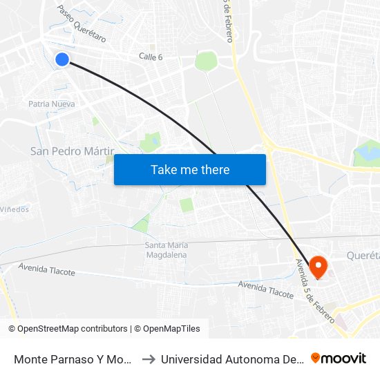 Monte Parnaso Y Monte Horeb to Universidad Autonoma De Querétaro map