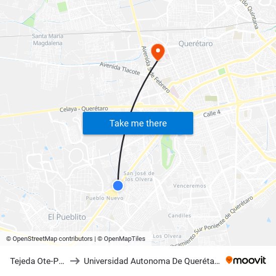 Tejeda Ote-Pte to Universidad Autonoma De Querétaro map