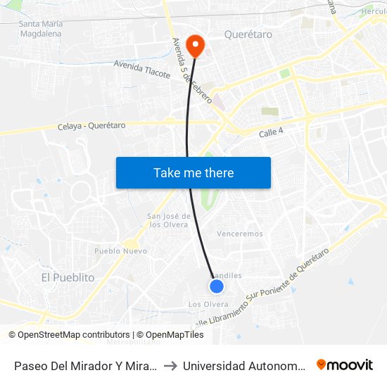 Paseo Del Mirador Y Mirador Del Cubilete to Universidad Autonoma De Querétaro map