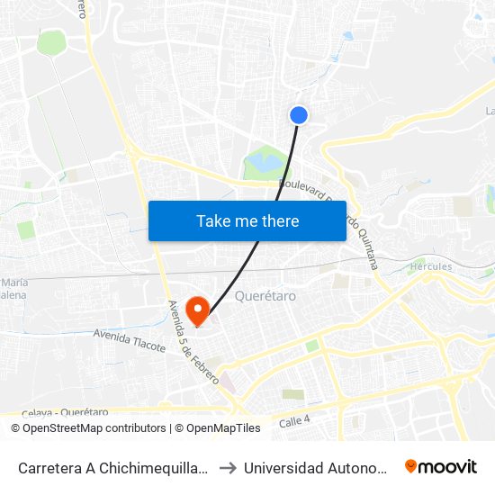 Carretera A Chichimequillas Y Río San Lorenzo to Universidad Autonoma De Querétaro map