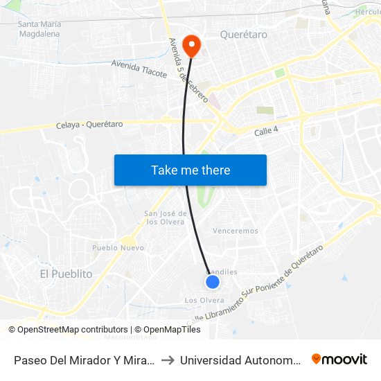 Paseo Del Mirador Y Mirador Del Cubilete to Universidad Autonoma De Querétaro map