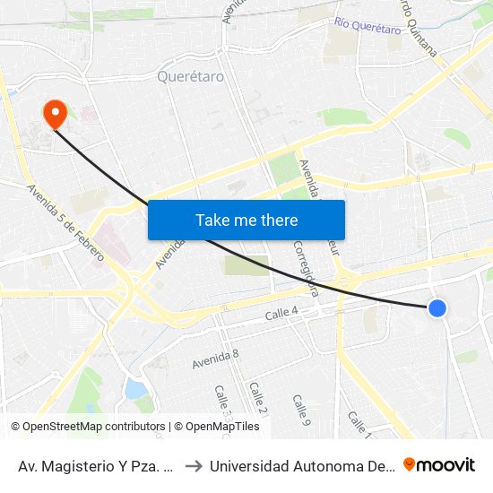 Av. Magisterio Y  Pza. Santa Ana to Universidad Autonoma De Querétaro map